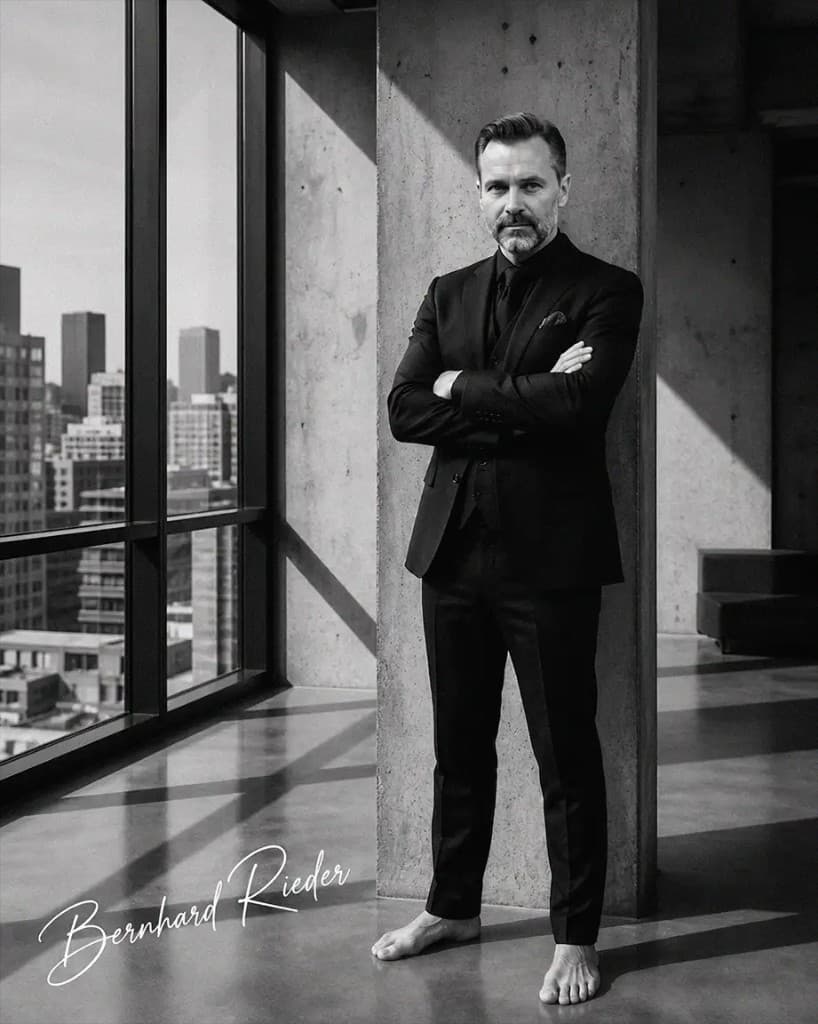 Bernhard Rieder, founder of FJORD LLC, in formal attire standing in a modern office with city views
